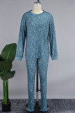 Blue Casual Tie Dye Patchwork O Neck Long Sleeve Two Pieces