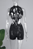 Black Sexy Casual Solid Hollowed Out Backless Half A Turtleneck Skinny Rompers