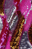 Rose Red Casual Patchwork Sequins V Neck Long Sleeve Dresses