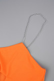Tangerine Red Sexy Solid Hollowed Out Patchwork Chains Cross Straps Spaghetti Strap Sleeveless Two Pieces