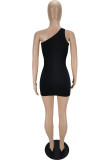 Black Fashion Sexy Solid Backless One Shoulder Sleeveless Dress