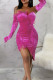 Rose Red Street Solid Patchwork Feathers Zipper Strapless Wrapped Skirt Dresses（Wear Gloves）