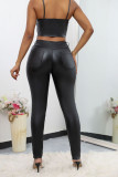 Black Sexy Solid Patchwork Pocket Buttons Zipper Skinny Mid Waist Pencil Solid Color Bottoms