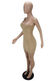 Khaki Fashion Sexy Solid Backless One Shoulder Sleeveless Dress