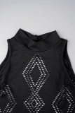 Black Sexy Casual Solid Hollowed Out Backless Half A Turtleneck Skinny Rompers