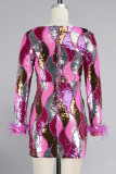 Rose Red Casual Patchwork Sequins V Neck Long Sleeve Dresses