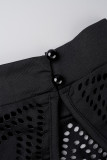 Black Sexy Casual Solid Hollowed Out Backless Half A Turtleneck Skinny Rompers