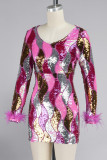 Rose Red Casual Patchwork Sequins V Neck Long Sleeve Dresses
