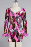 Rose Red Casual Patchwork Sequins V Neck Long Sleeve Dresses
