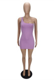 Purple Fashion Sexy Solid Backless One Shoulder Sleeveless Dress