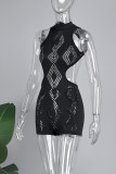 Black Sexy Casual Solid Hollowed Out Backless Half A Turtleneck Skinny Rompers