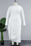 White Elegant Solid Patchwork Flounce Slit Fold O Neck Long Sleeve Plus Size Dresses