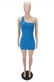 Blue Fashion Sexy Solid Backless One Shoulder Sleeveless Dress