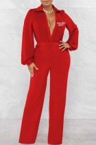 Red Casual Print Letter V Neck Jumpsuits