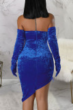 Colorful Blue Street Solid Patchwork Feathers Zipper Strapless Wrapped Skirt Dresses（Wear Gloves）