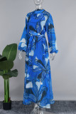 Blue Casual Print Patchwork O Neck A Line Dresses（Without Decoration）