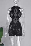 Black Sexy Casual Solid Hollowed Out Backless Half A Turtleneck Skinny Rompers