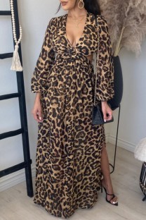 Leopard Print Fashion Sexy Print Hollowed Out Slit V Neck Long Sleeve Dresses