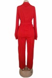 Red Casual Print Letter V Neck Jumpsuits