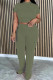 Army Green Casual Solid Basic Half A Turtleneck Short Sleeve Two Pieces
