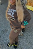 Dark Brown Casual Street Print Letter O Neck Long Sleeve Two Pieces