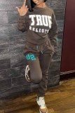 Dark Brown Casual Street Print Letter O Neck Long Sleeve Two Pieces