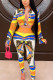 Yellow Casual Daily Milk Fiber Print Patchwork Turndown Collar Long Sleeve Regular Sleeve Short Two Pieces