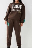 Dark Brown Casual Street Print Letter O Neck Long Sleeve Two Pieces