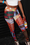 Red Street Print Patchwork Skinny Mid Waist Conventional Positioning Print Bottoms