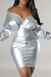 Silver Sexy Solid Patchwork Fold V Neck Wrapped Skirt Dresses