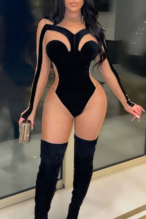 Black Sexy Patchwork See-through O Neck Skinny Jumpsuits