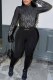 Black Street Print Patchwork Letter Turtleneck Long Sleeve Two Pieces