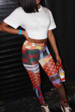 Red Street Print Patchwork Skinny Mid Waist Conventional Positioning Print Bottoms