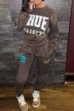 Dark Brown Casual Street Print Letter O Neck Long Sleeve Two Pieces