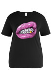 Black Casual Lips Printed Patchwork O Neck Plus Size Tops