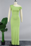 Green Sexy Solid Basic Oblique Collar Long Dress Dresses