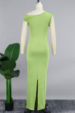 Green Sexy Solid Basic Oblique Collar Long Dress Dresses