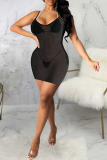 Black Sexy Solid Hollowed Out Mesh Halter Pencil Skirt Dresses