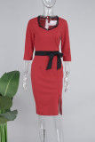 Red Elegant Solid Patchwork Slit With Bow Zipper Asymmetrical Collar Pencil Skirt Dresses