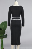 Red Elegant Hollowed Out Patchwork Flounce Contrast O Neck Long Sleeve Dresses
