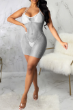 White Sexy Solid Hollowed Out Mesh Halter Pencil Skirt Dresses