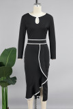 Red Elegant Hollowed Out Patchwork Flounce Contrast O Neck Long Sleeve Dresses