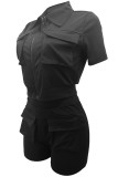 Black Casual Solid Patchwork Pocket Zipper Turndown Collar Short Sleeve Two Pieces