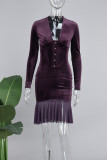 Purple Sexy Solid Patchwork Buckle Flounce Asymmetrical Collar Long Sleeve Dresses