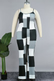 Gray White Casual Print Patchwork Pocket Spaghetti Strap Plus Size Jumpsuits