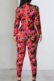 Red Sexy Print Patchwork Zipper O Neck Skinny Jumpsuits