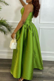 Green Sweet Solid Patchwork Fold Spaghetti Strap A Line Dresses