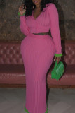 Pink Sexy Patchwork Buckle V Neck Long Sleeve Two Pieces