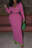 Pink Sexy Patchwork Buckle V Neck Long Sleeve Two Pieces