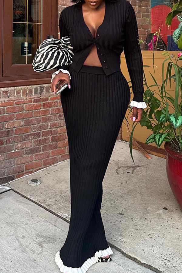 Black Sexy Patchwork Buckle V Neck Long Sleeve Two Pieces